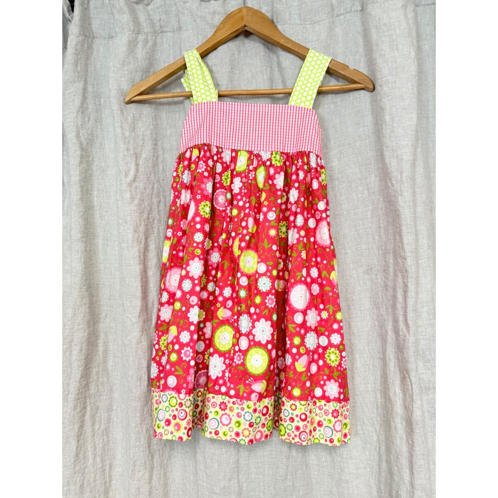Handmade Girls Floral Gingham Sundress Pink Lime Green Polka Dot Summer Dress